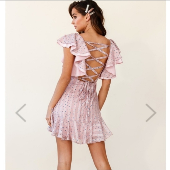 NWT Selfie Leslie Dress, Ruffle Sleeve Tie-back Backless Flare Mini Dress - Pink - Picture 3 of 9